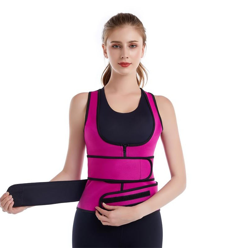 Neoprene Sauna Waist Trimmer Vest – Rose Zip Vest with Double Belt