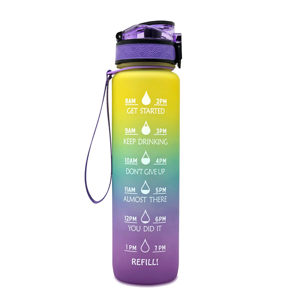 1L Motivational Water Bottle with Time Markers – Purple Blue Yellow Gradient