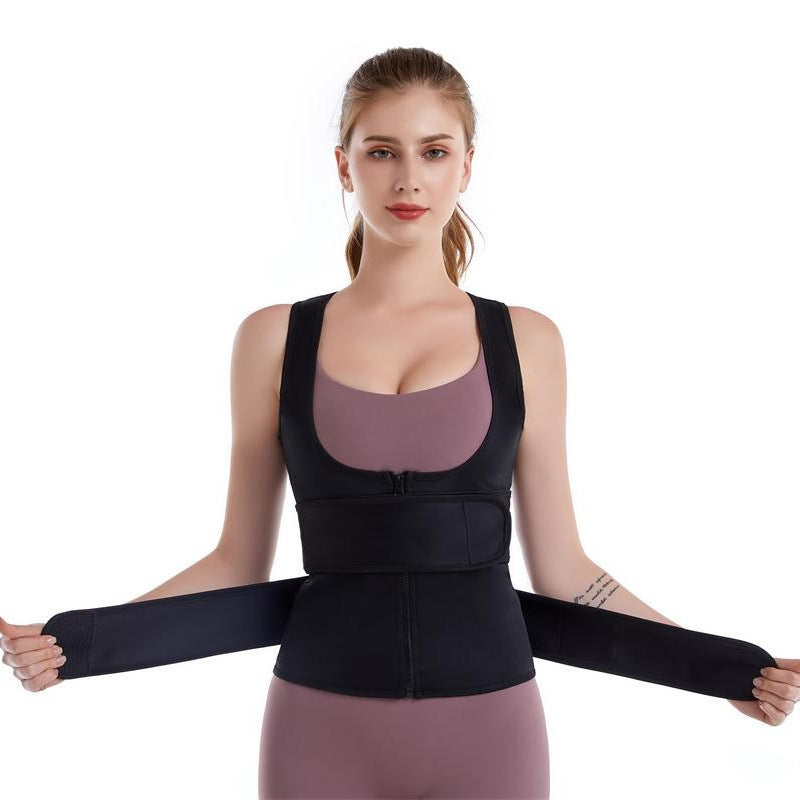 Neoprene Sauna Waist Trimmer Vest – Black Zip Vest with Double Belt