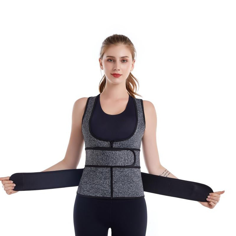 Neoprene Sauna Waist Trimmer Vest – Grey Zip Vest with Double Belt